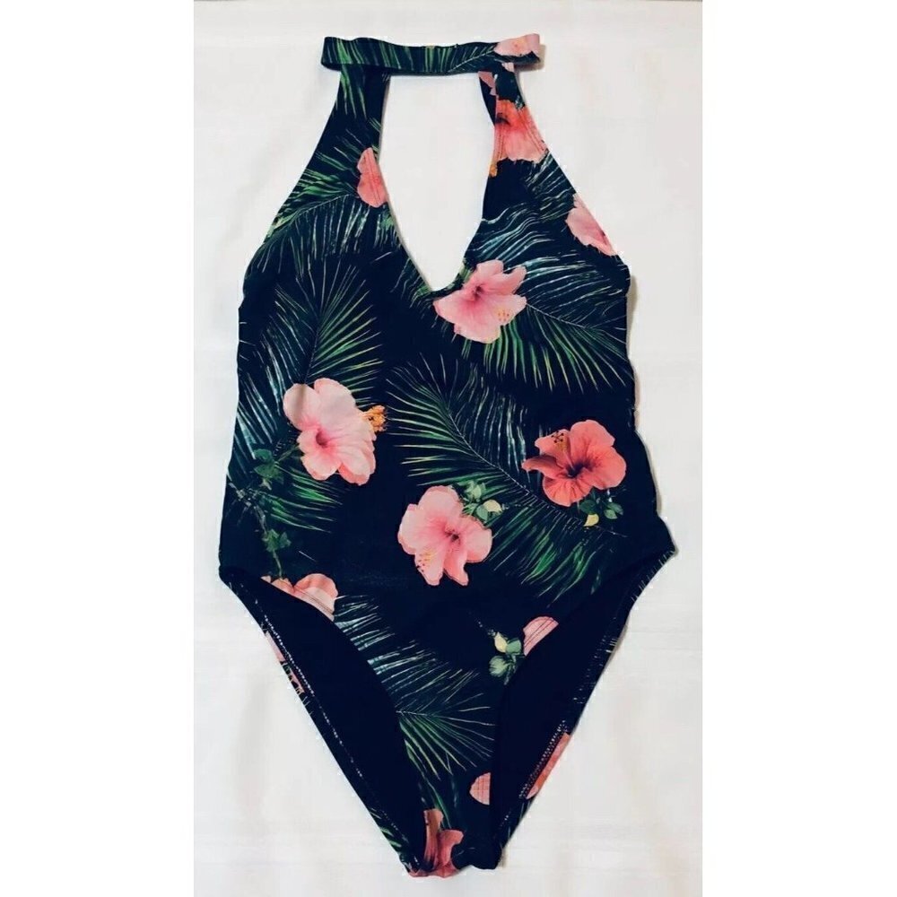 Tinibikini One Piece Swimsuit Tropical Halter Neck Black Womens Size Medium